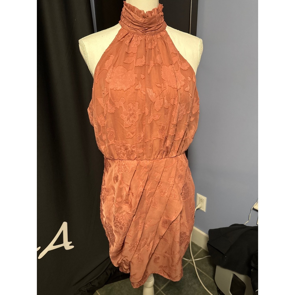 Lulus Terracotta Floral Burnout Jacquard Halter Mini Dress Ruffle Neck Large